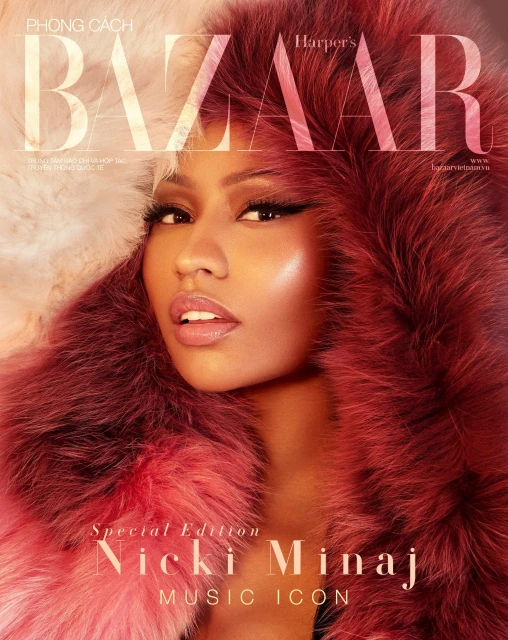 Magazine cover featuring Nicki Minaj wearing a fur coat, with the magazine title "Harper's Bazaar" displayed prominently.