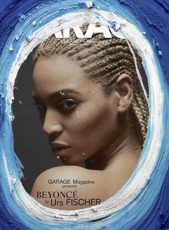 Close-up portrait of Beyonce with blonde box braids framed inside an expressive blue and white painted circular border.