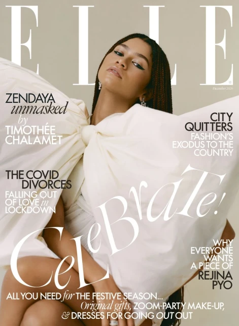 Elle magazine cover featuring Zendaya wearing a cream-colored dress with oversized bow, against a neutral backdrop and magazine text.