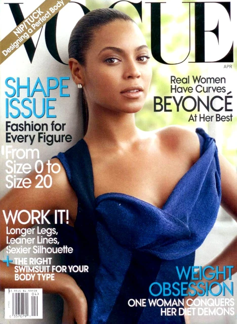 Vogue magazine cover featuring Beyonce in a blue dress, highlighting the 'Shape Issue' with headlines on body image and fashion for all figures.