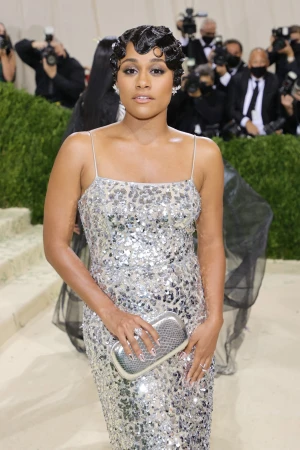 A single woman in a glittering silver gown poses on a red carpet, holding a silver clutch at a red carpet event. 