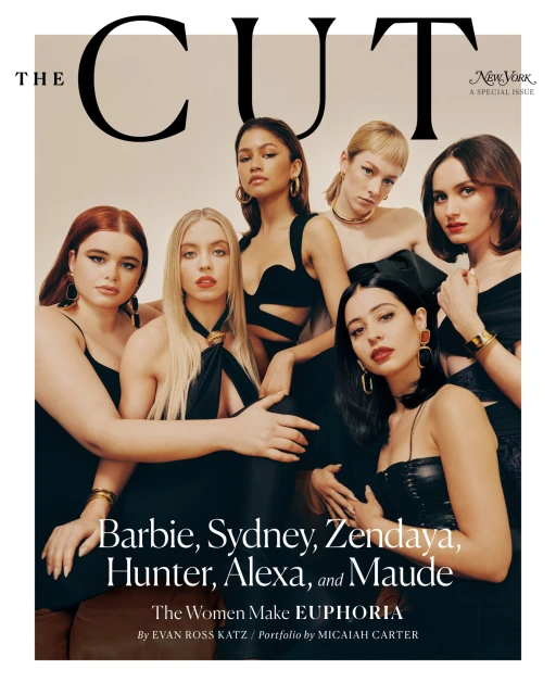 Group portrait featuring Barbie Ferreira, Sydney Sweeney, Zendaya, Hunter Schafer, Alexa Demie, and Maude Apatow for 'The Cut' magazine cover.