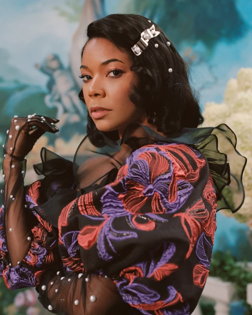Portrait of a woman wearing a dress with floral pattern and pearls in her hair, posing in front of an illustrated background.