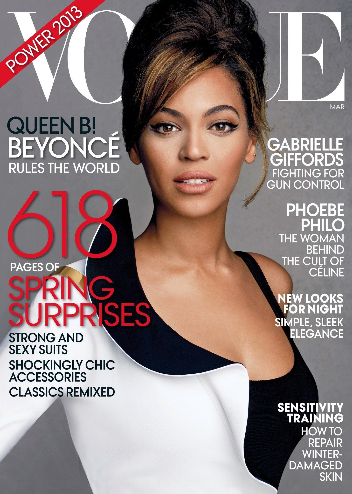 Vogue magazine cover featuring a close-up of Beyoncé, with her hair styled in an updo, wearing a black and white dress.