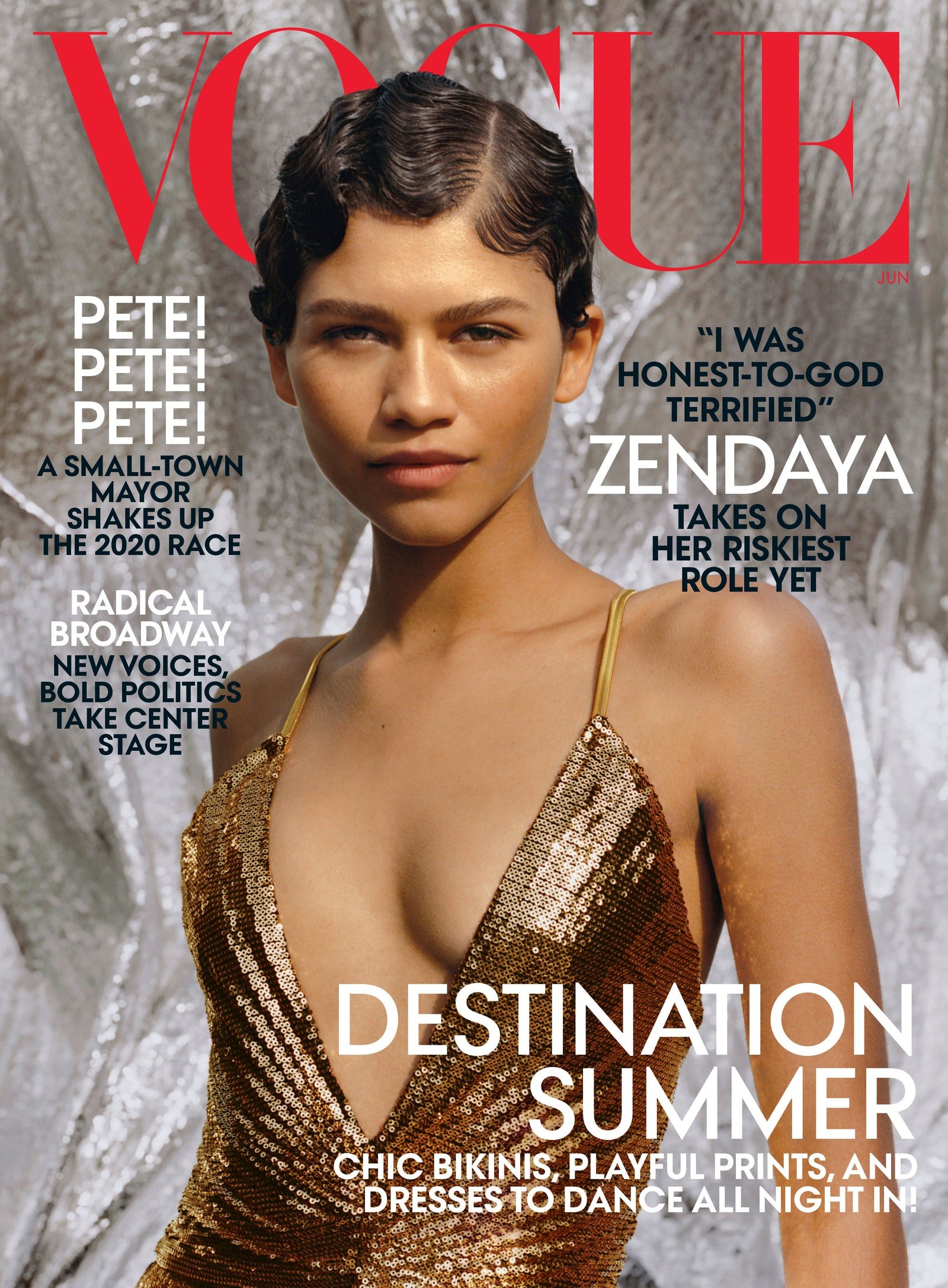 Magazine cover featuring Zendaya in a gold dress, with Vogue masthead, text headlines, and a silver textured background. Close-up portrait.