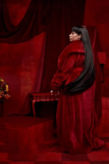 Portrait of an adult female in a red coat and long black hair, posed in a monochromatic red interior setting with a table and flowers.