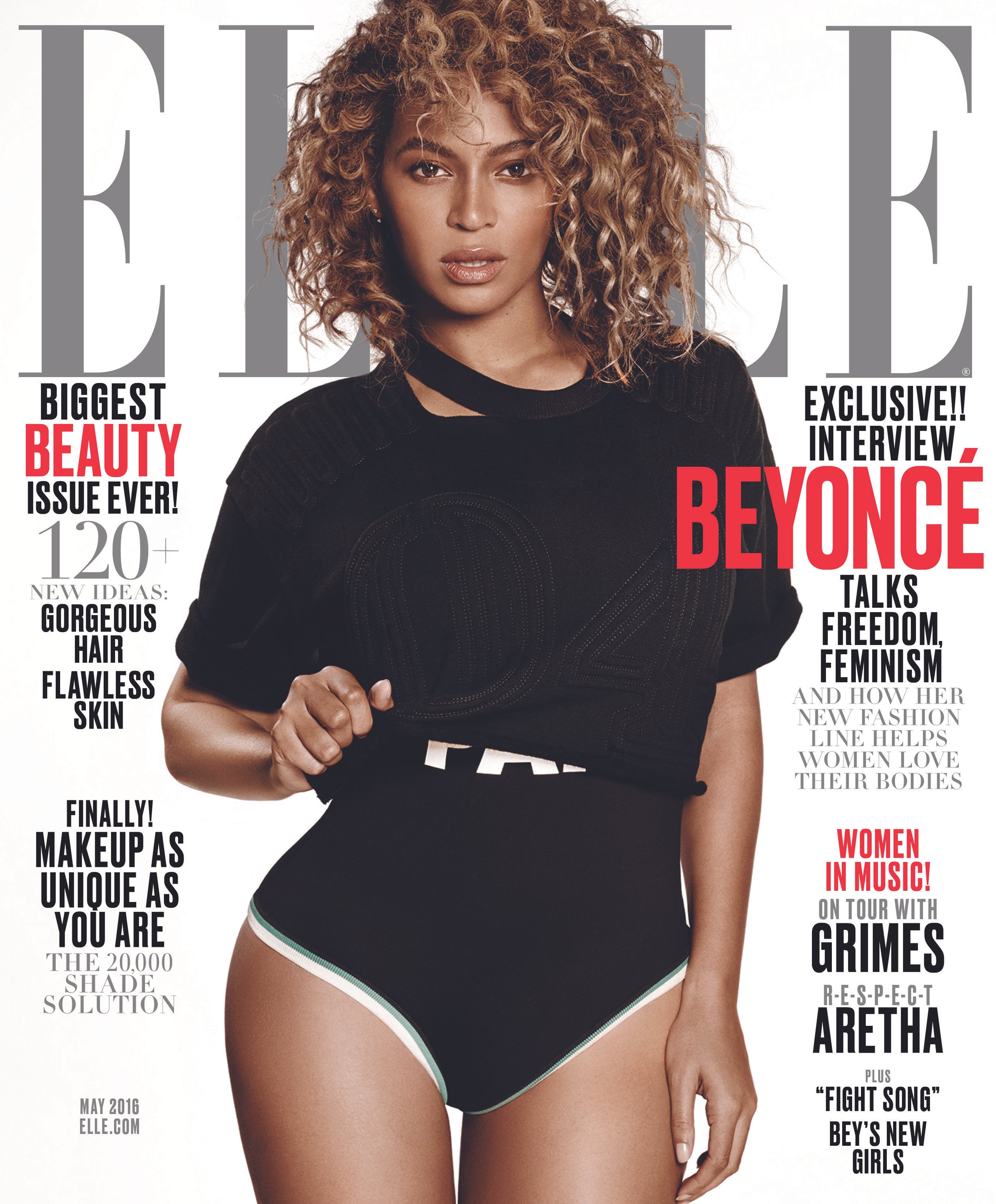 Elle magazine cover featuring Beyonce in a black top and high-waisted bottoms, with curly hair, against a white background with magazine text.