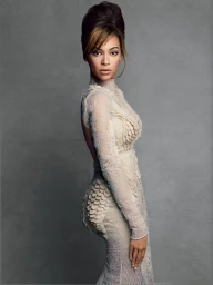 Beyonce in a cream lace gown with an intricate updo hairstyle, posed against a textured grey studio background.