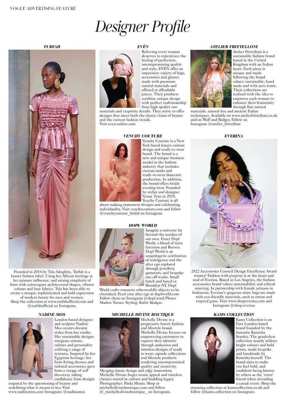 A fashion editorial features a woman wearing a shiny pink dress and statement earrings, standing against a neutral background. 
