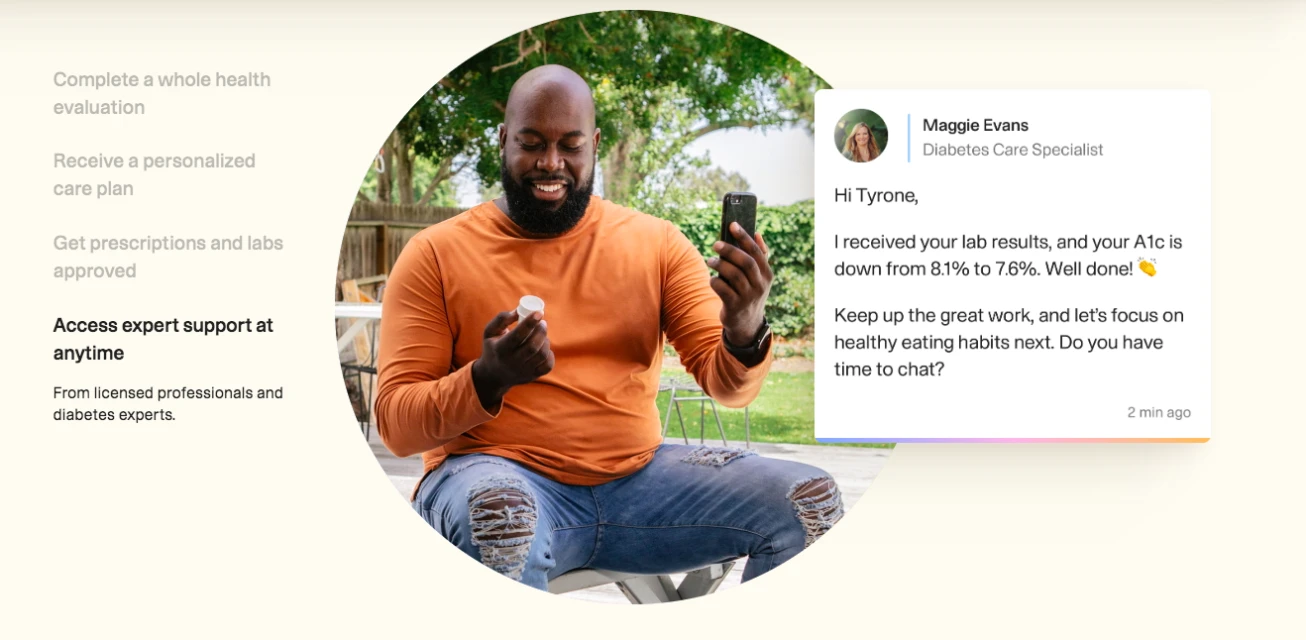 Man seated outdoors with medication, using a smartphone; telehealth consultation with diabetes specialist appears in a floating window.