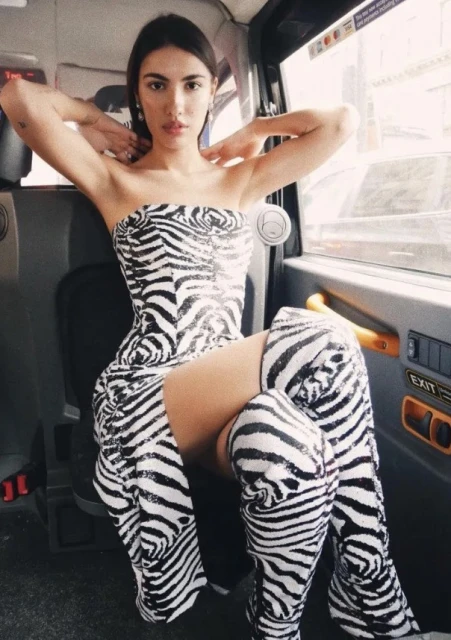 A woman poses in a zebra print dress and boots in what appears to be a taxi, showcasing a fashion-forward, bold look.