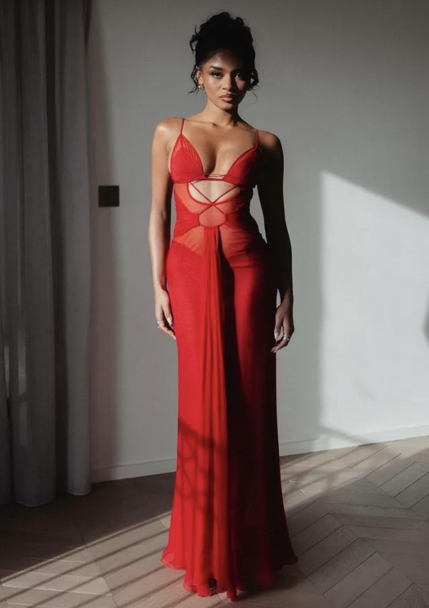 Elegant woman in a red, sheer floor-length gown poses indoors, bathed in soft light and shadows, showcasing the dress's intricate design.