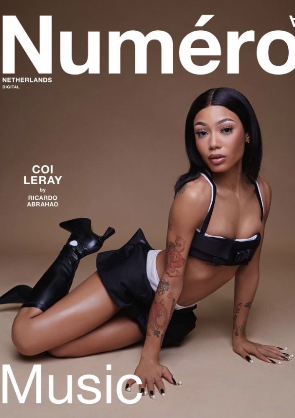 Coi Leray poses on a studio floor in a black and white outfit and black boots. The cover of Numero Netherlands Music issue.