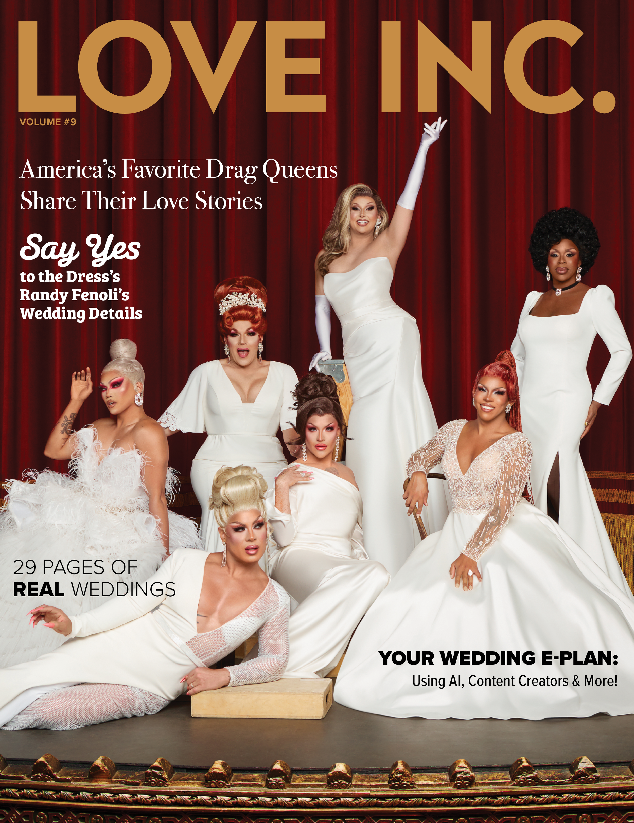 Magazine cover features a group of drag queens in white dresses against a red curtain backdrop, promoting a wedding-themed issue.