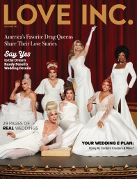 Group of seven drag queens in white wedding dresses posing on stage with red curtains styled by Krista Roser