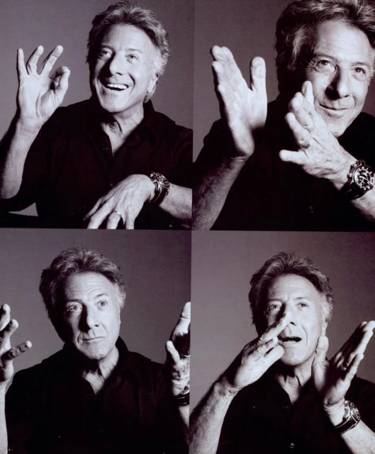 Black and white portrait collage of Dustin Hoffman in four poses, expressing emotion with his hands and face. Shot in a photo studio.