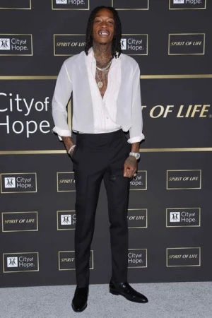 Full body shot of Wiz Khalifa on red carpet wearing a white blouse, black pants and dress shoes, wrist jewelry, necklaces, with tattoos.