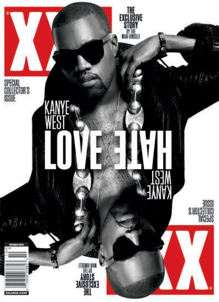 XXL Magazine cover featuring Kanye West with Love/Hate theme, sunglasses, jewelry, and red/white logo, captured in a studio setting.