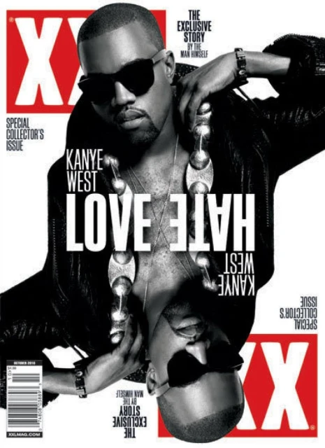 XXL Magazine cover featuring Kanye West with Love/Hate theme, sunglasses, jewelry, and red/white logo, captured in a studio setting.