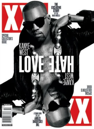 XXL Magazine cover featuring Kanye West with Love/Hate theme, sunglasses, jewelry, and red/white logo, captured in a studio setting.