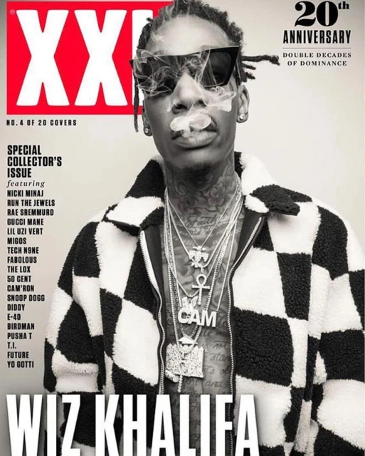Wiz Khalifa on magazine cover in black and white checkered jacket, sunglasses, chains, and smoke. XXL 20th anniversary edition.