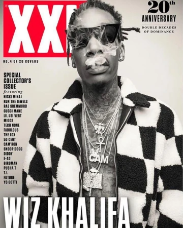 Wiz Khalifa on magazine cover in black and white checkered jacket, sunglasses, chains, and smoke. XXL 20th anniversary edition.