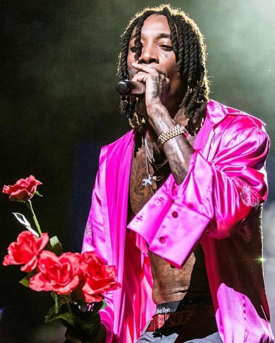 Wiz Khalifa singing into a microphone on stage, wearing a pink robe and holding a bouquet of red roses in a concert setting.