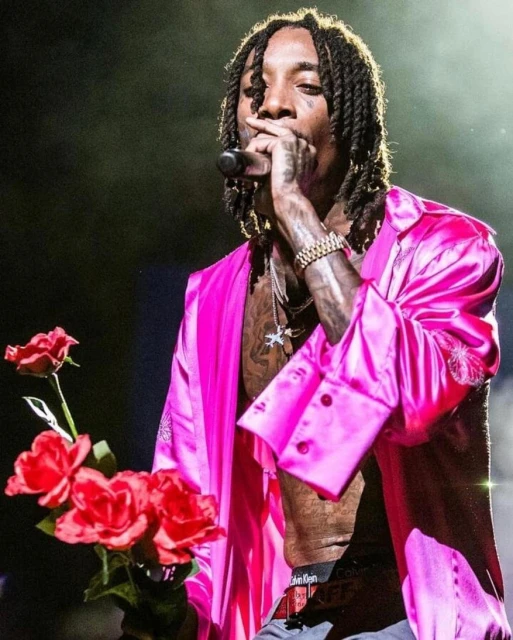 Wiz Khalifa singing into a microphone on stage, wearing a pink robe and holding a bouquet of red roses in a concert setting.