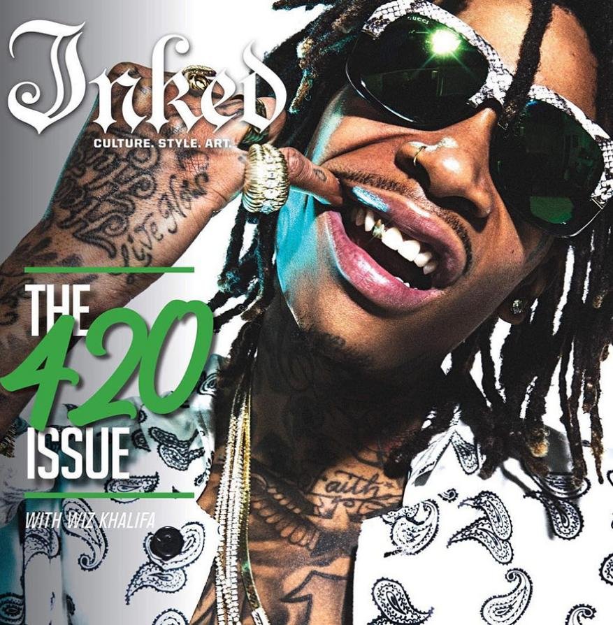 Magazine cover featuring Wiz Khalifa with tattoos and sunglasses, promoting 'The 420 Issue' of Inked magazine, highlighting culture, style, and art.