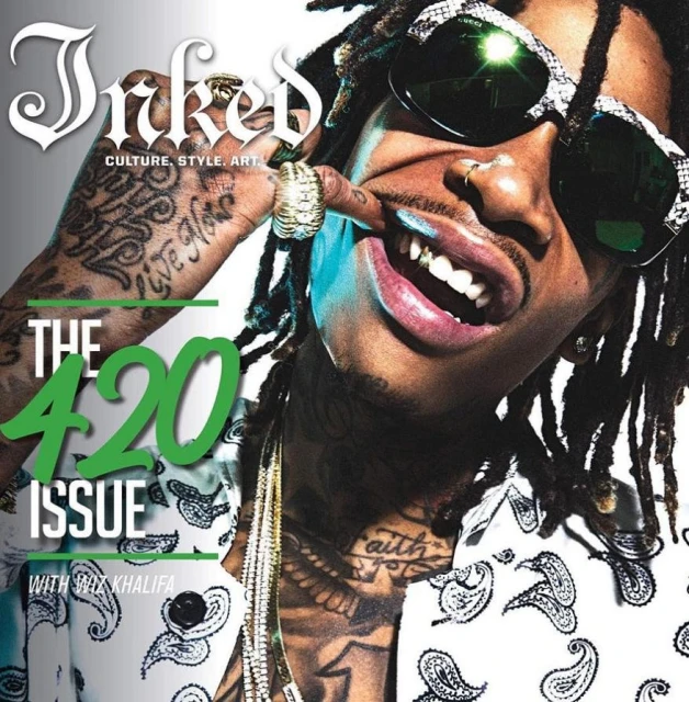 Magazine cover featuring Wiz Khalifa with tattoos and sunglasses, promoting 'The 420 Issue' of Inked magazine, highlighting culture, style, and art.