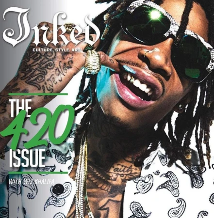 Magazine cover featuring Wiz Khalifa with tattoos and sunglasses, promoting 'The 420 Issue' of Inked magazine, highlighting culture, style, and art.
