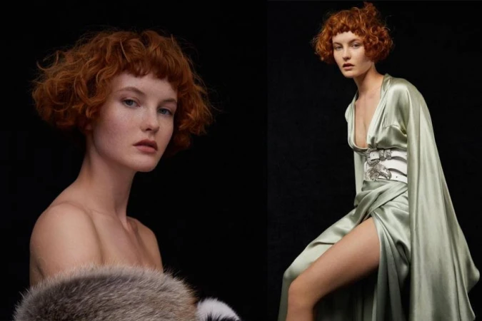 Diptyque fashion portrait featuring a red-haired woman in a silky green gown styled by Lauren Matos against a dark background.
