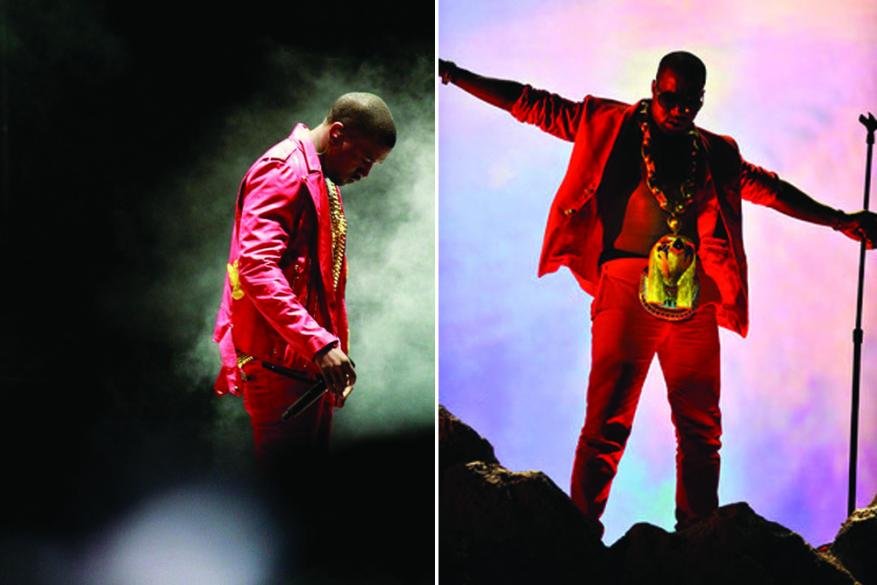 Performance shot of Kanye West wearing a red suit and gold chain. One scene is against black smoke, the other is against a blue sky.