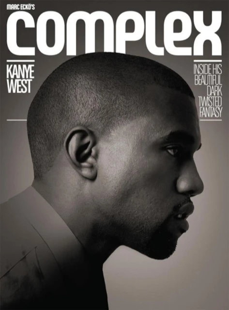 Black and white magazine cover featuring a profile portrait of Kanye West, with 'Complex' magazine logo and cover text.