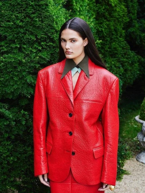 An adult female poses outdoors wearing a red blazer and skirt with a green bush background in a fashion editorial shot.