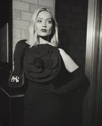 Black and white portrait of a blonde woman wearing a dark dress with a large flower applique and long gloves, holding a small handbag.
