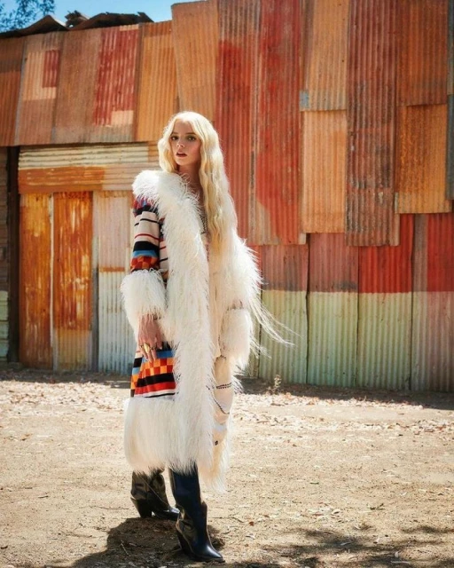 An adult woman with long blonde hair poses outdoors wearing a long, colorful coat with a white fur trim and black boots against a textured wall.