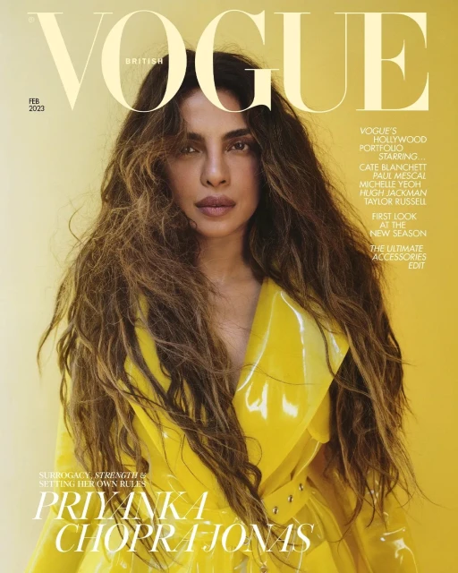 Priyanka Chopra Jonas graces the cover of British Vogue in a yellow trench coat, against a yellow background with 'Vogue' logo.
