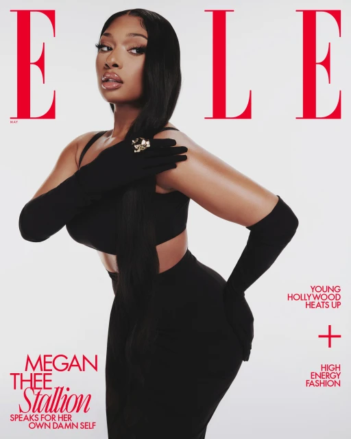 Megan Thee Stallion poses in a black dress and gloves on the cover of Elle magazine, featuring red text and a white backdrop.