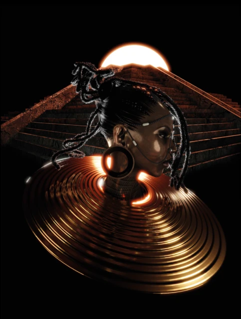 Elegant woman with braided hair and golden jewelry poses in front of an Egyptian pyramid and a sun-like light source, black background.
