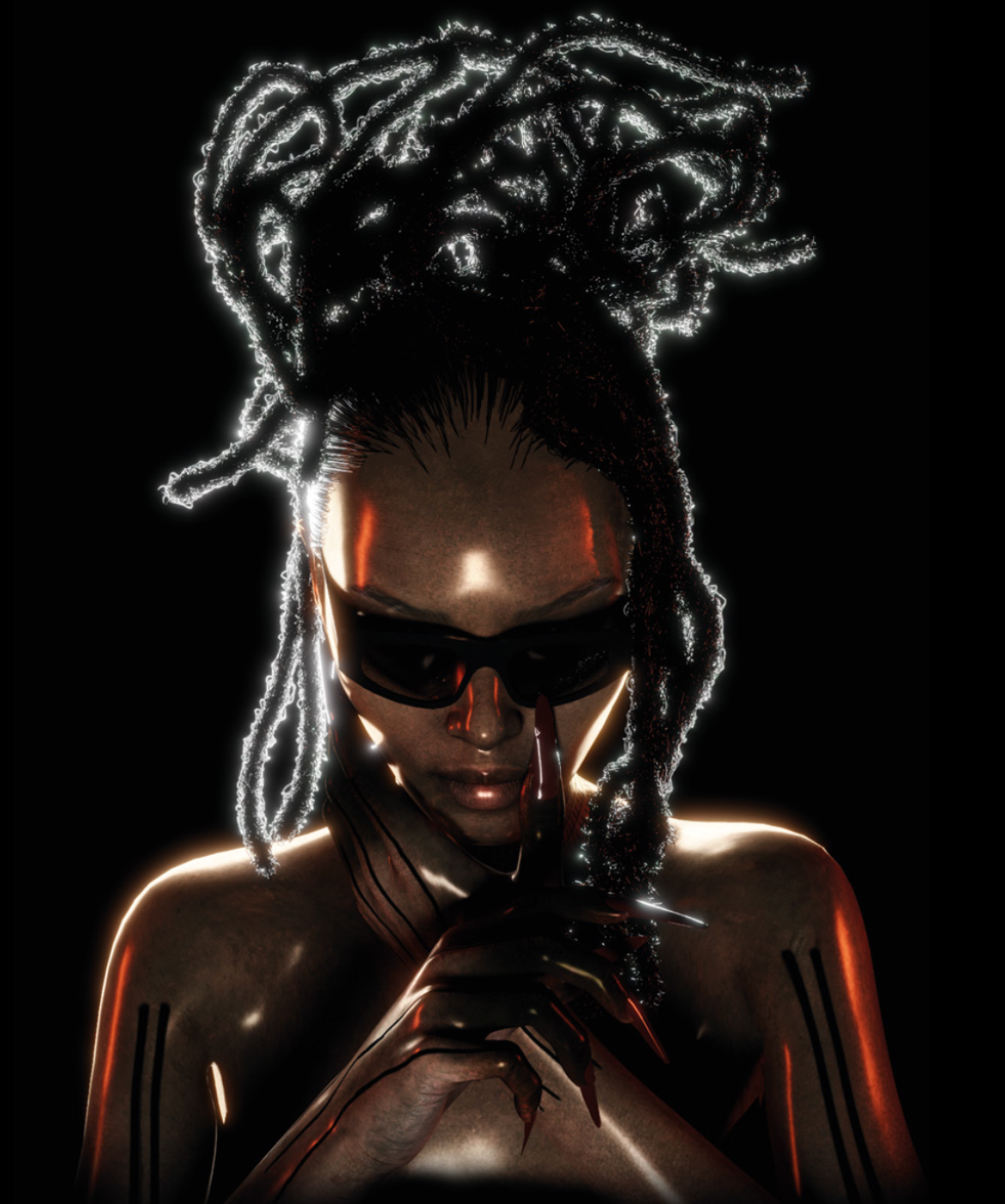 Striking portrait of a woman with dreadlocks and sunglasses against a dark backdrop, showcasing glowing edges and artistic lighting.