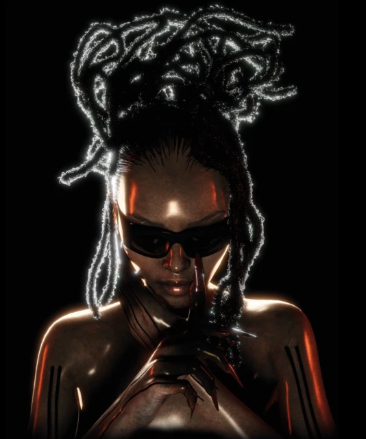 Striking portrait of a woman with dreadlocks and sunglasses against a dark backdrop, showcasing glowing edges and artistic lighting.
