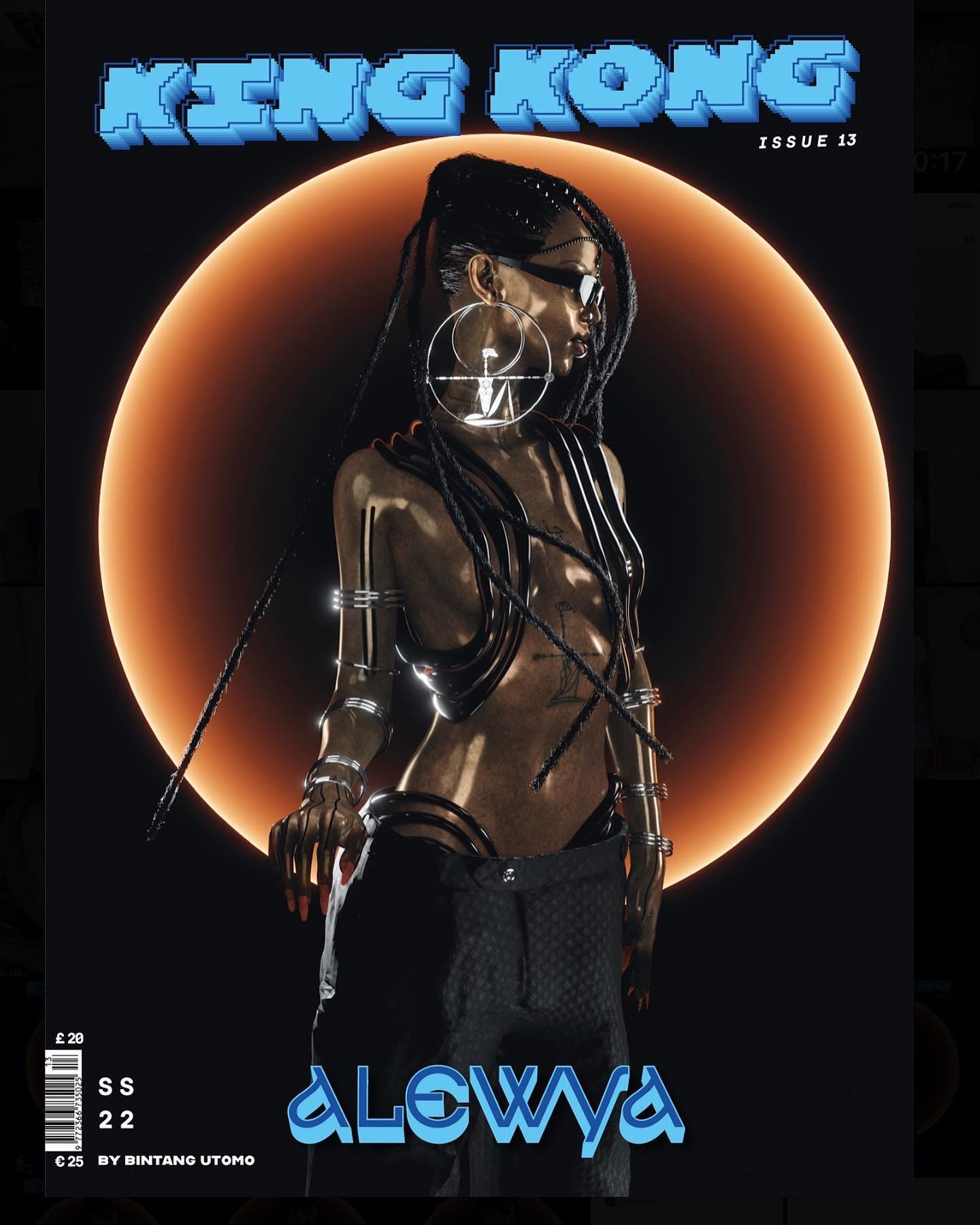 Magazine cover featuring a woman with braids, stylized eye-wear and futuristic jewellery, posing in front of an orange circle.