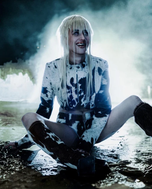 A woman with bleached blonde hair sits cross-legged, wearing a matching cow-print jacket, shorts, and boots in a moody, spotlight-lit setting.