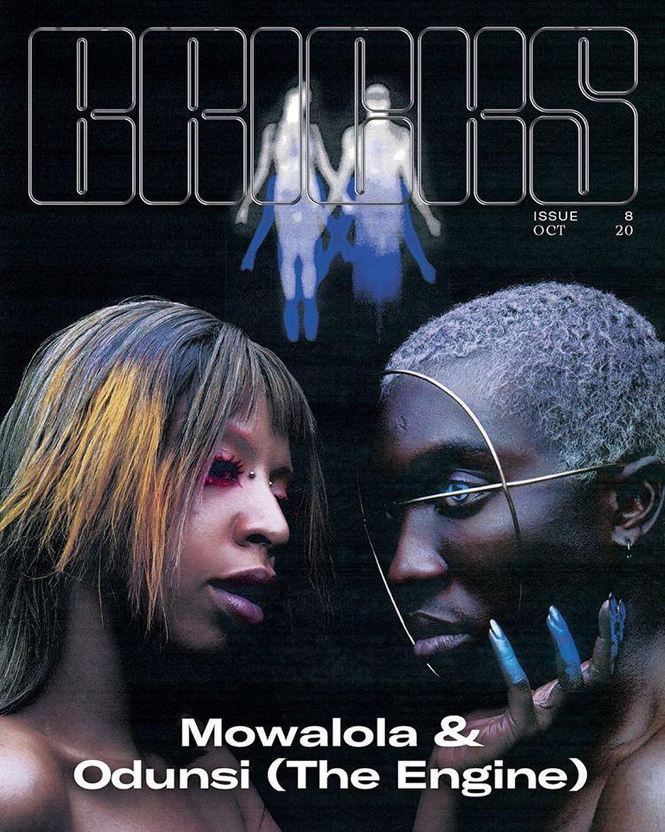 Magazine cover featuring portraits of Mowalola and Odunsi (The Engine) against a dark background with abstract figures and bold text.