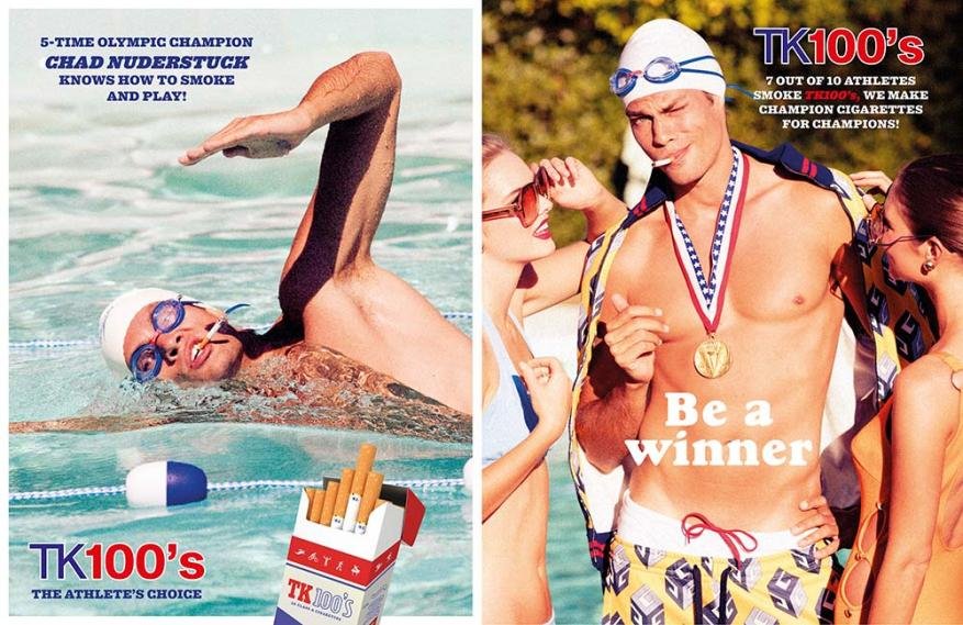 Two vintage-style advertisements: a swimmer in a pool with a cigarette, and a male with a medal and two women, promoting cigarettes.