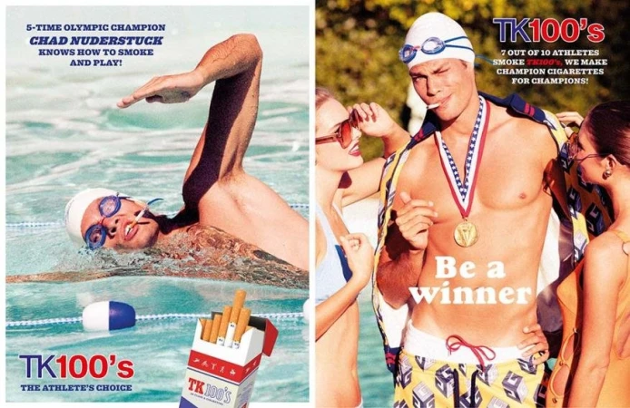 Two vintage-style advertisements: a swimmer in a pool with a cigarette, and a male with a medal and two women, promoting cigarettes.