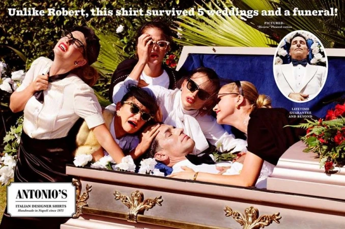 Comical fashion ad featuring women in vintage attire mourning a man in a coffin, with a smaller inset image of him in a white tuxedo.