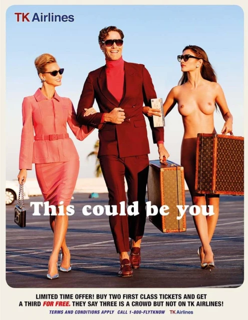 Advertisement for TK Airlines features a man in a suit walking between two women holding luggage on an airport runway.