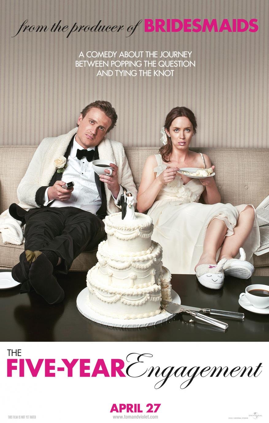 Movie poster for The Five-Year Engagement featuring a man and woman on a couch with a wedding cake in front of them on a table.